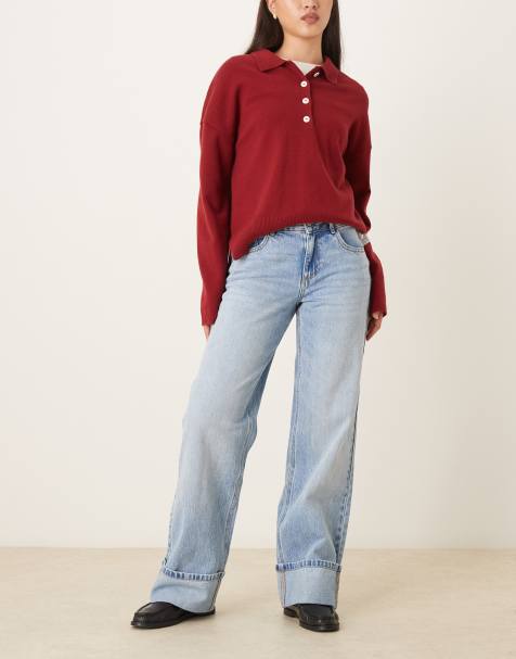 AWARE mid rise wide leg jeans with turn up in light blue denim