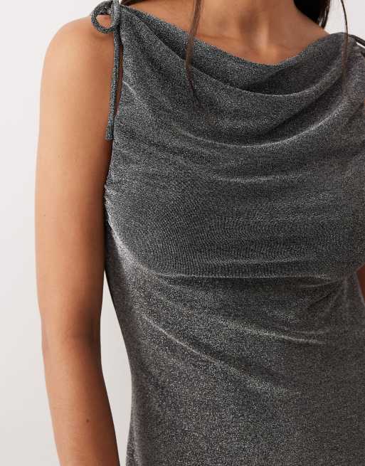 AWARE - Midi cami-jurk van glitterjersey met gedrapeerde halslijn in zwart en zilver, 4 van 4