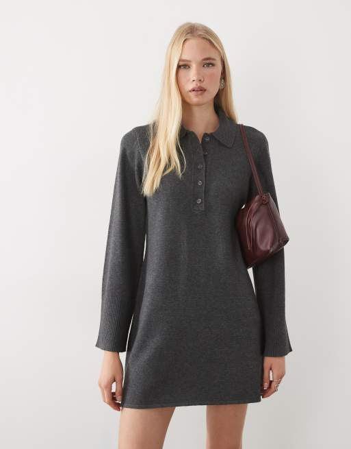 AWARE mini jurk met lange mouwen en col in donkergrijs gemêleerd, 2 van 4
