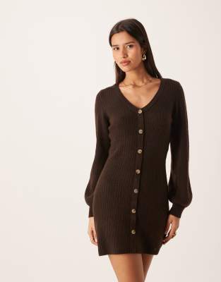 AWARE - Minikleid aus Strick in Schokobraun mit Knopfleiste vorne-Brown