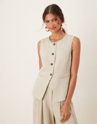 AWARE AWARE mix & match premium high neck longline tailored waistcoat co-ord in stone-Neutral