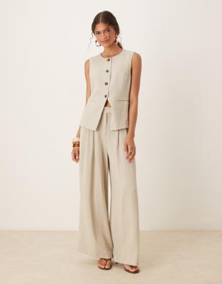 AWARE AWARE mix & match premium pleat front super wide leg tailored trouser co-ord in stone-Neutral