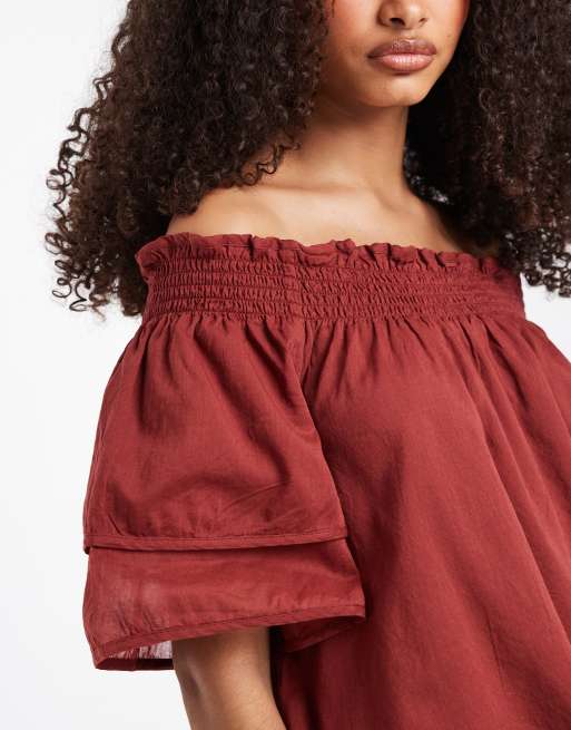 AWARE off shoulder ruffle top with smock detail in terracotta, 2 of 4