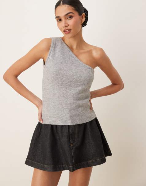 AWARE one shoulder knitted top in light grey melange - view 1