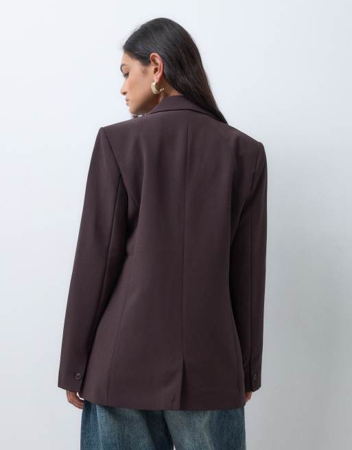 AWARE oversized blazer met één knoop in chocoladepruim, 3 van 5