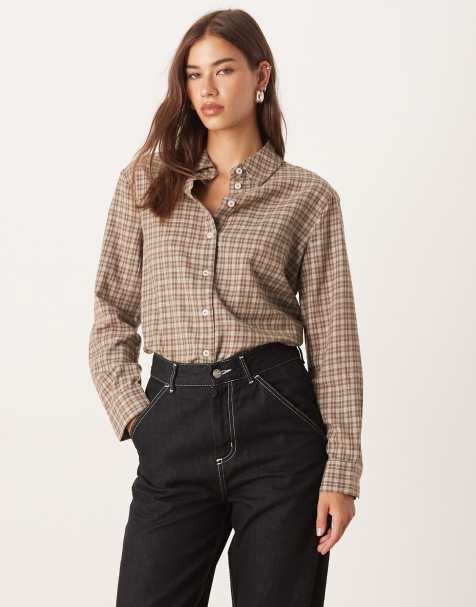 AWARE oversized boyfriend fit oxford shirt in beige and brown mini check print - view 1