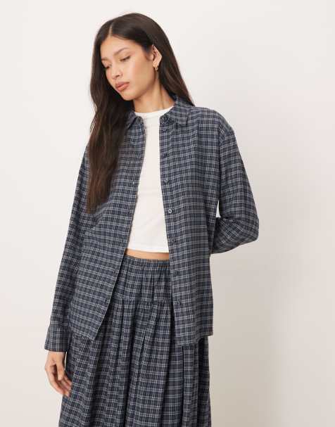 AWARE oversized boyfriend fit oxford shirt in blue and teal mini check print - view 1