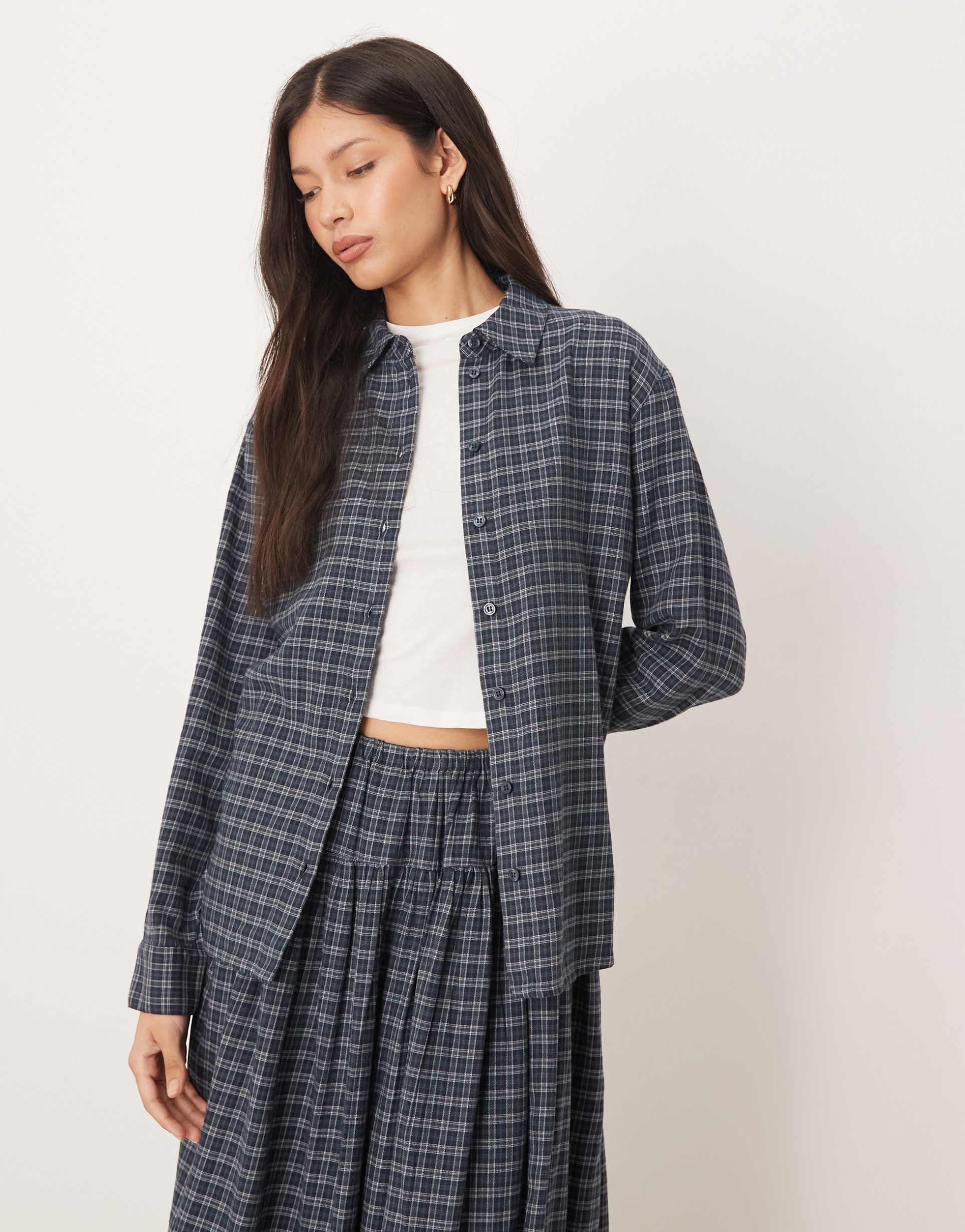 aware oversized boyfriend fit oxford shirt in blue and teal mini check print