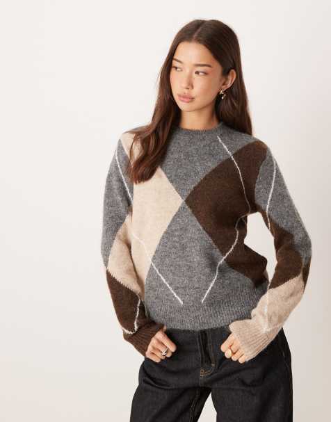 AWARE oversized hairy textured argyle print knitted jumper in grey and brown - view 1