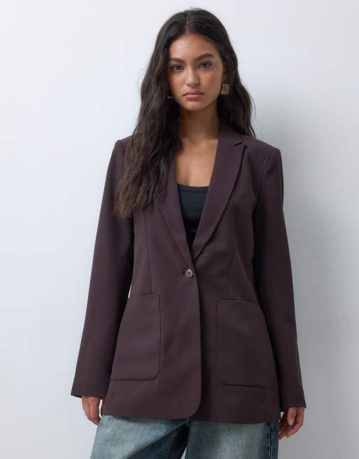 AWARE oversized kavaj med en knapp i plommonbrun, 5 av 5