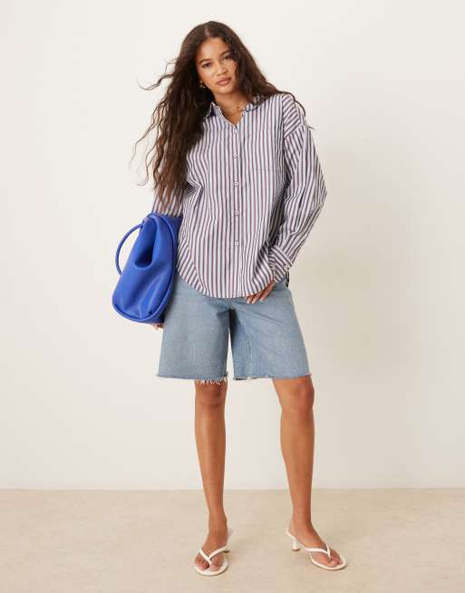 AWARE - Oversized oxford boyfriend overhemd met strepen in blauw en bordeauxrood, 2 van 4