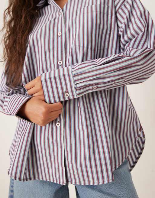 AWARE - Oversized oxford boyfriend overhemd met strepen in blauw en bordeauxrood, 4 van 4