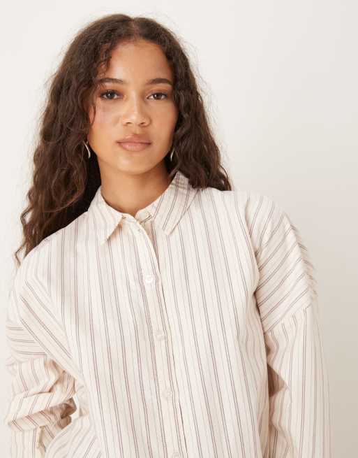 AWARE - Oversized oxford boyfriend overhemd met strepen in crème en bordeauxrood, 4 van 4