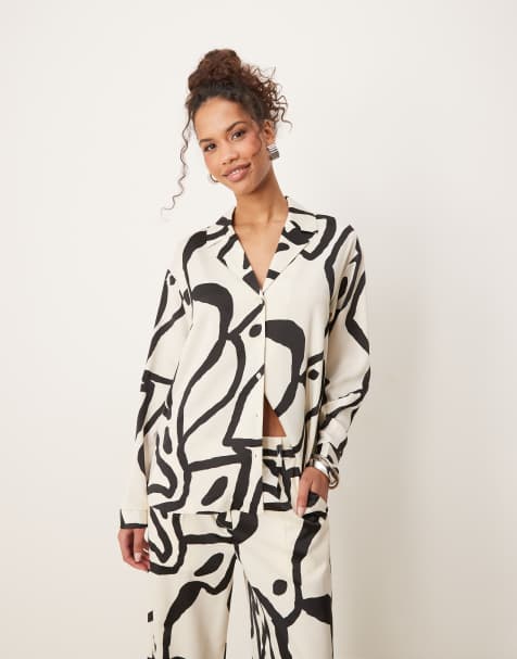 AWARE oversized satin shirt in black and white print - part of a set - view 1