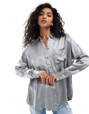 AWARE AWARE oversized satin shirt in light grey