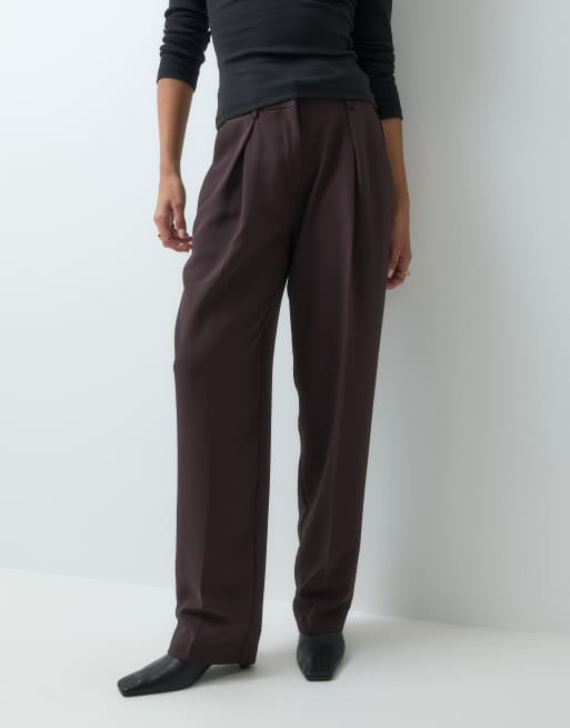 AWARE pantalon coordonné à taille haute, jambe large et plis, couleur prune chocolat, 2 de 5