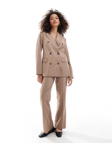 AWARE - Pantalon d'ensemble évasé raccourci à fines rayures - Beige - view 1
