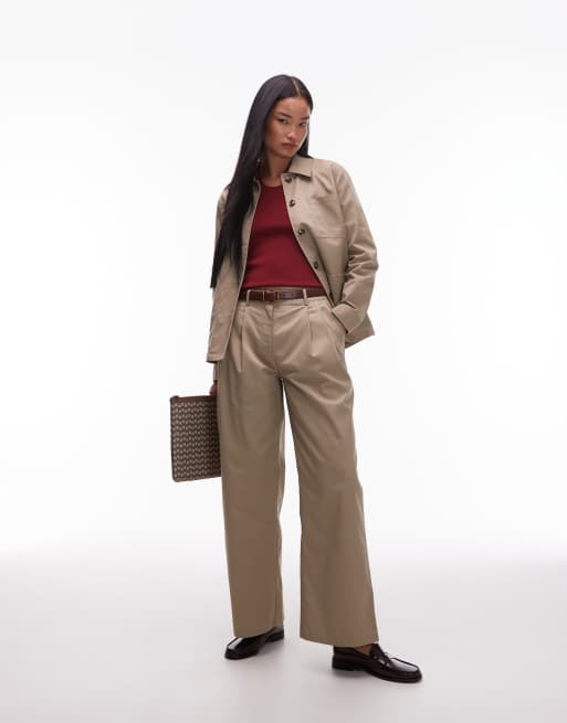AWARE - Pantaloni a fondo ampio sartoriali color pietra con pieghe sul davanti in coordinato