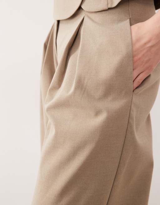 AWARE - Pantaloni a vita alta con fondo ampio e pieghe beige mélange in coordinato   , 5 di 5
