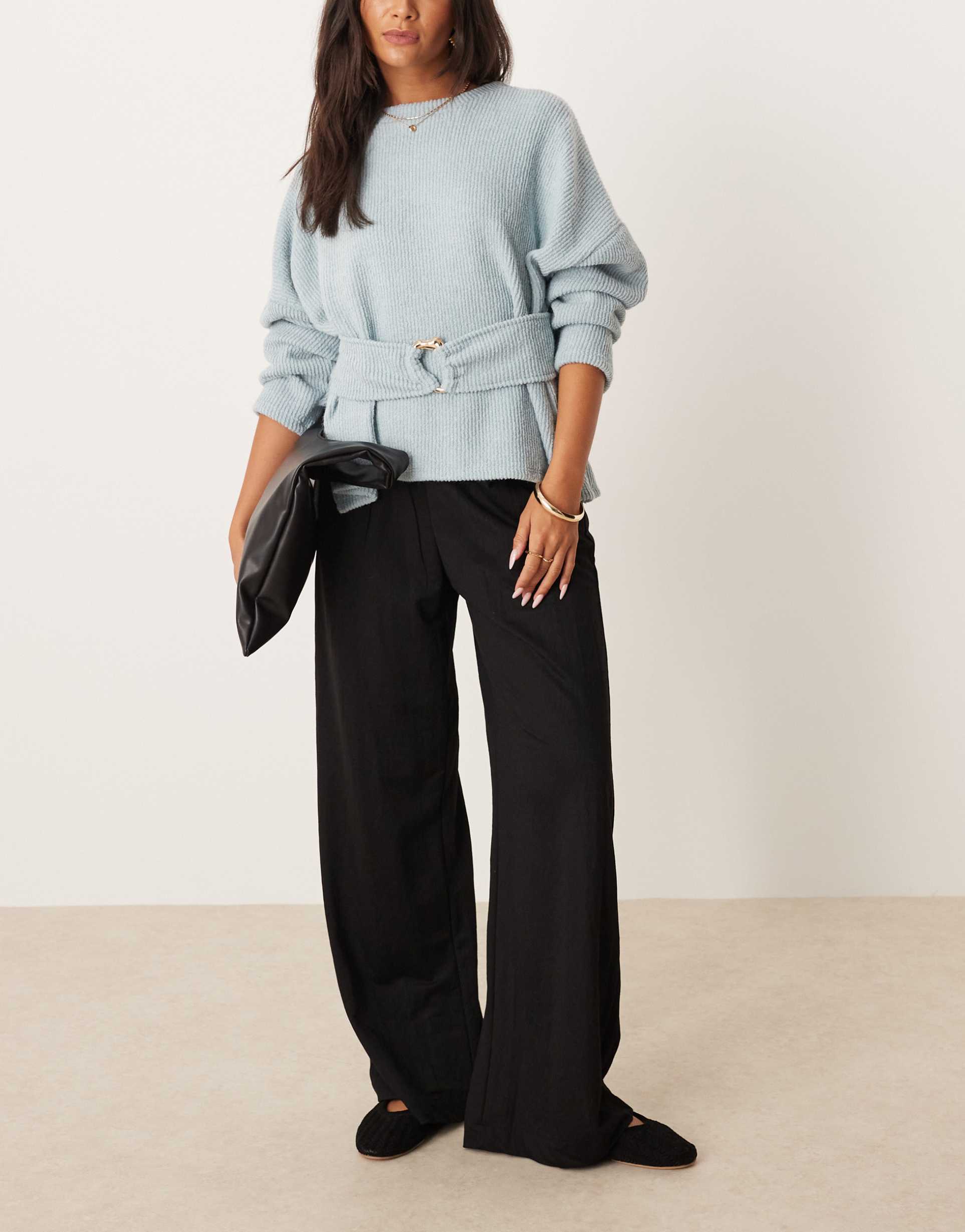 aware pleat front wide leg pants in black