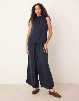 AWARE AWARE pleated detail high waist wide leg trouser co-ord in navy
