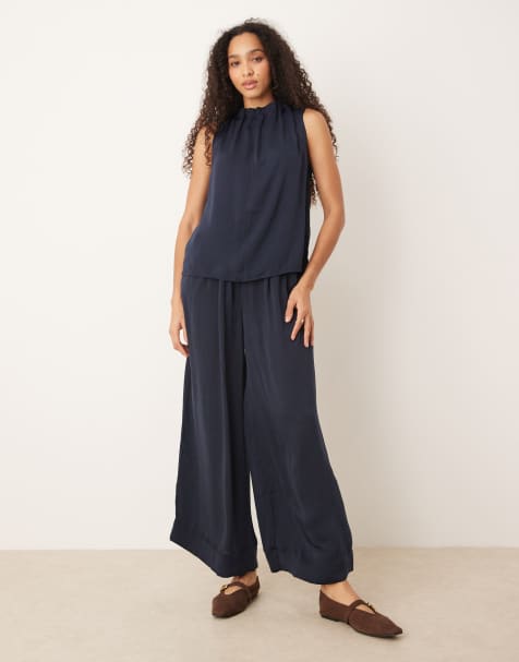 AWARE pleated detail high waist wide leg trouser co-ord in navy