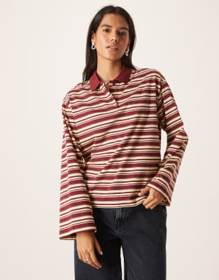 AWARE - Polo manches longues à rayures - Jaune et bordeaux