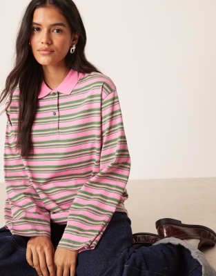 AWARE - Polo manches longues à rayures - Vert et rose