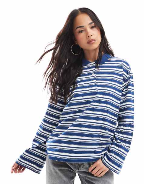 AWARE - Polo top met lange mouwen in blauw en wit gestreept - view 1