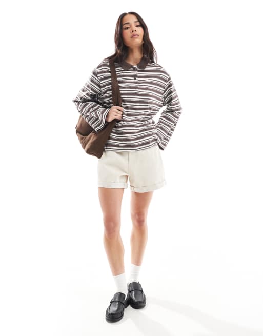 AWARE - Polo top met lange mouwen in bruin gestreept, 4 van 4