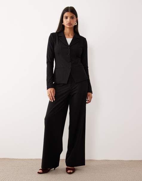 AWARE premium structured jersey blazer and wide leg suit trouser co-ord in black - view 1