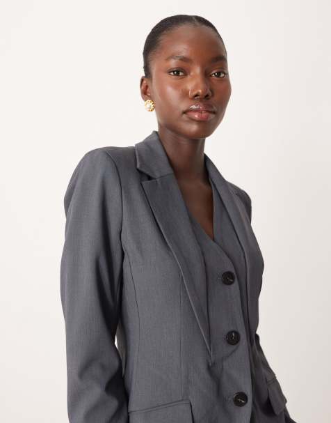 AWARE premium waistcoat detail tailored blazer co-ord in dark grey melange