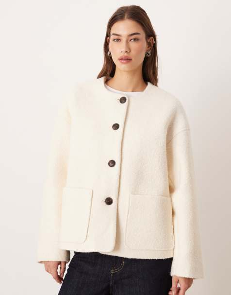 AWARE premium wool mix textured button front cropped jacket in cream - view 1