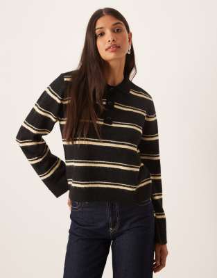 AWARE - Pull style rugby en maille pelucheuse à rayures avec col polo - Noir et crème