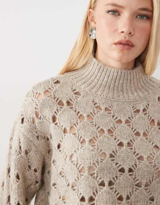 AWARE Pullover mit hohem Kragen und offenem Strickdetail in Naturmelange, 3 von 4