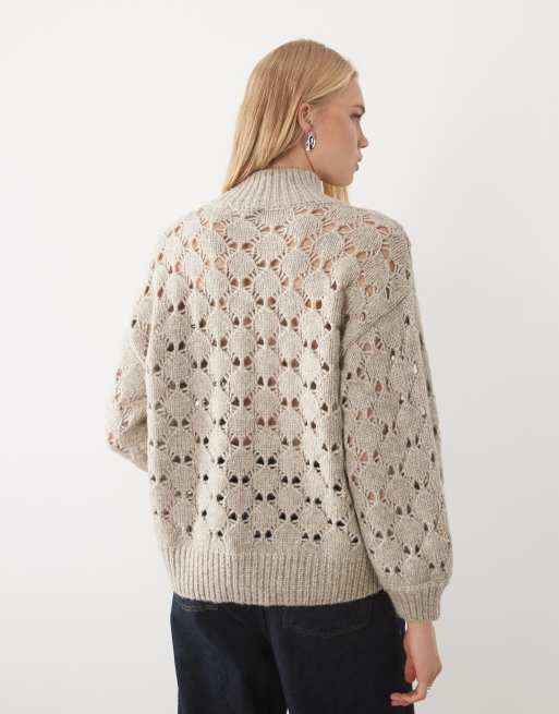 AWARE Pullover mit hohem Kragen und offenem Strickdetail in Naturmelange, 4 von 4