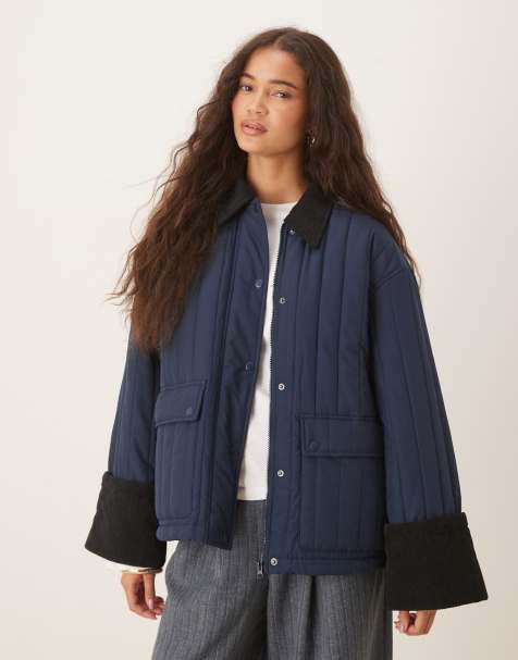 AWARE quilted barn jacket with contrast trim in navy - view 1