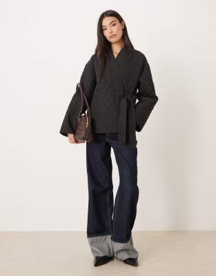 Aware Quilted Clean Wrap Tie Side Jacket In Black