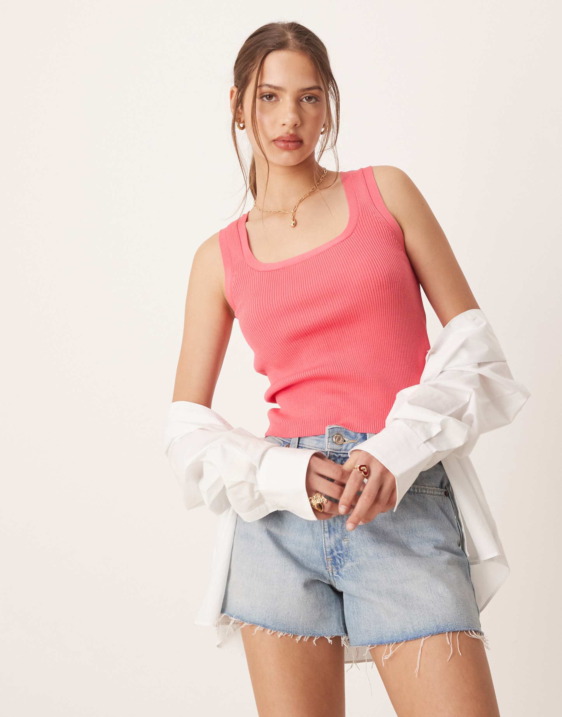 aware rib knit tank top in rose pink