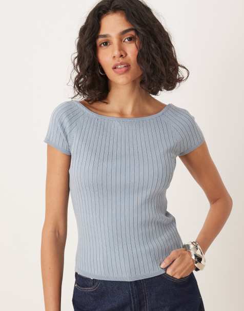 AWARE ribbed knit off shoulder capped sleeve top in dusty blue - view 1