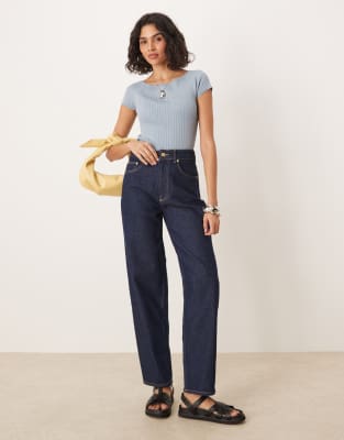 Aware Ribbed Knit Off Shoulder Capped Sleeve Top In Blue