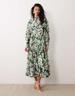 Robe chemise longue à manches longues et imprimé fleurs - Vert M
