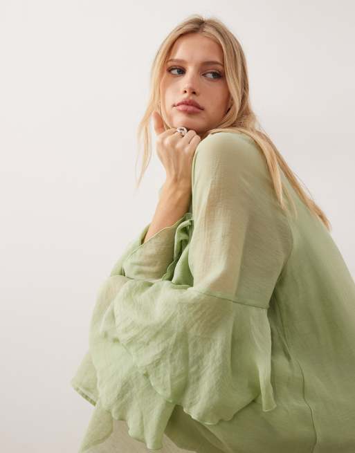 AWARE - Robe courte à col montant et manches évasées - Vert herbe, 3 de 4