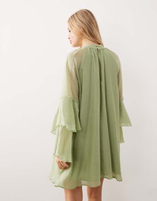 AWARE - Robe courte à col montant et manches évasées - Vert herbe, 4 de 4