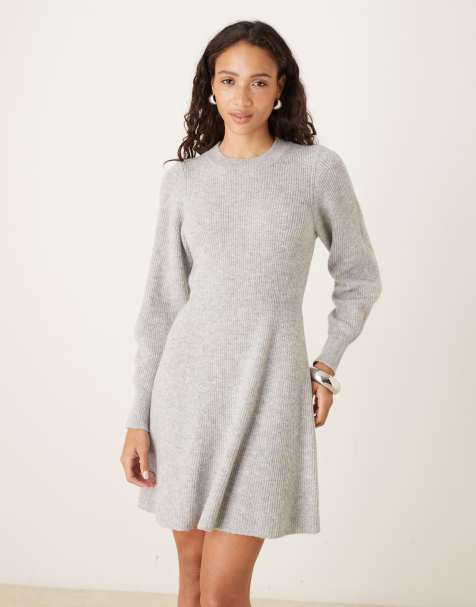 AWARE - Robe courte en maille ajustée et évasée - Gris chiné - view 1