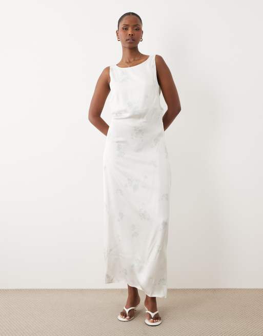 AWARE - Robe longue en satin à col bénitier - Blanc à fleurs vert clair , 4 de 4
