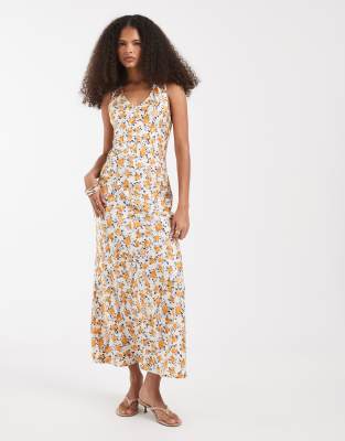 Robe longue sans manches à col V et imprimé fleurs - Crème-Blanc L