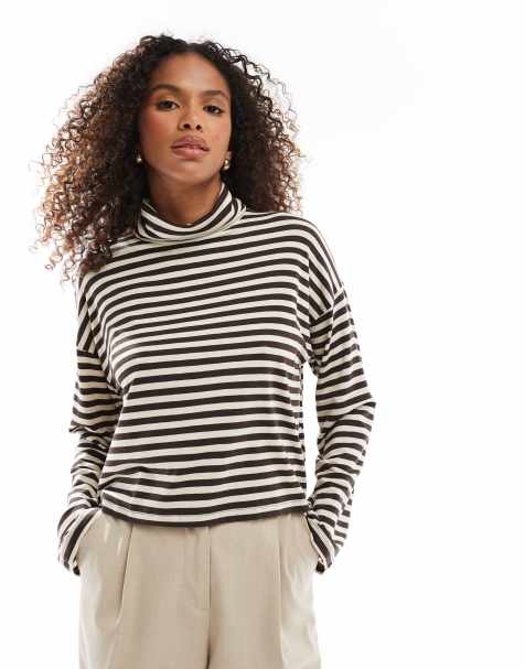 AWARE roll neck jersey top in cream and brown stripe - view 1