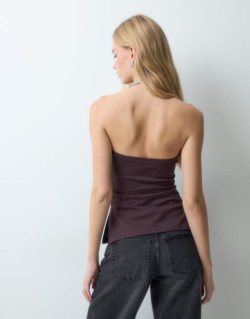 AWARE ruched detail bandeau top in chocolate brown, 3 of 5