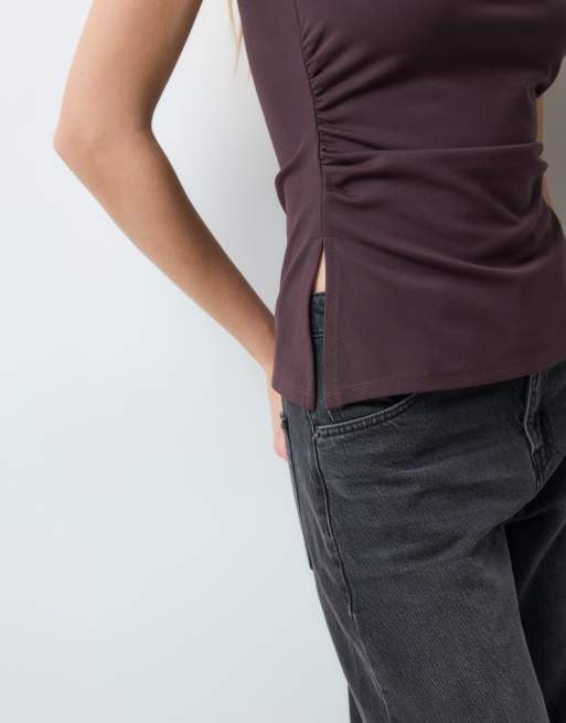 AWARE ruched detail bandeau top in chocolate brown, 4 of 5